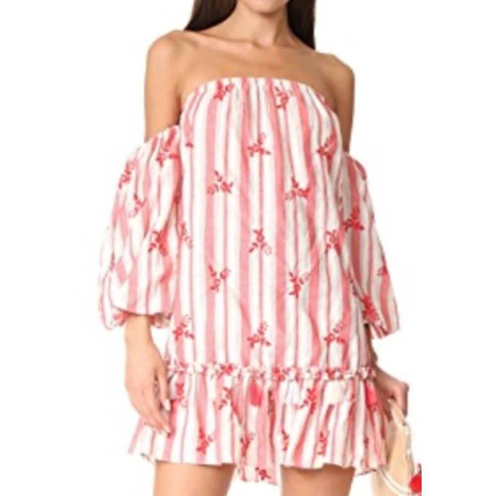 Misa White Gray Red Stripe Cotton Dress Off Shoulder Puff Sleeve Mini Ruffle